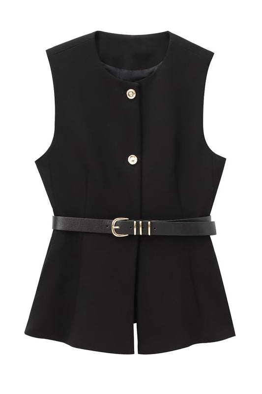 Belted Button-Down Tailored Vest