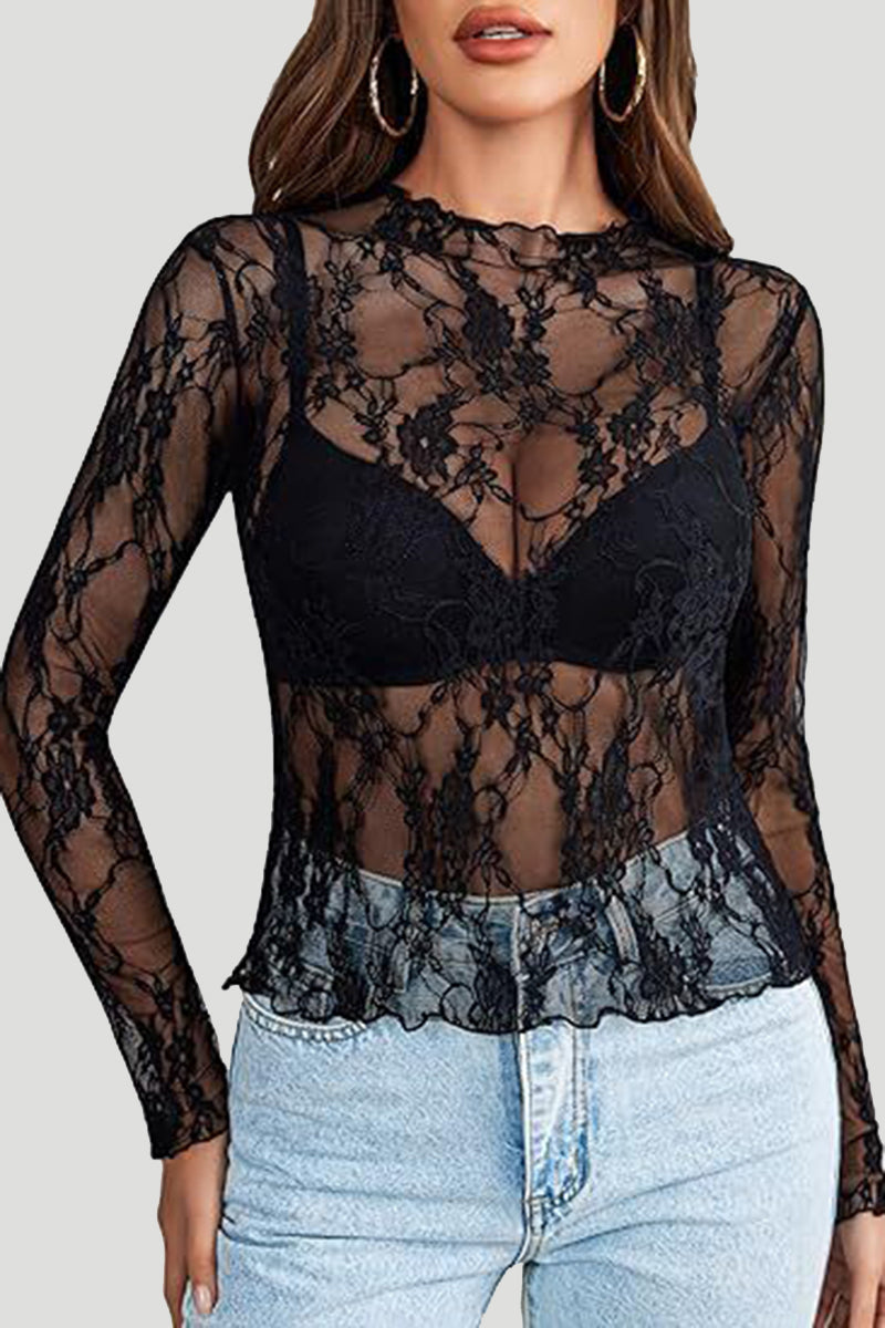 Floral Lace Peplum Hem Long-Sleeve Top