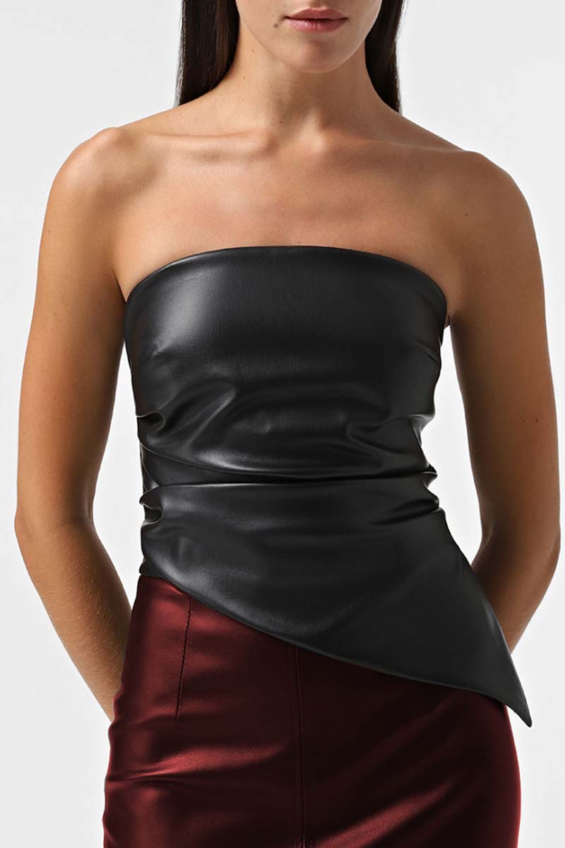 Asymmetrical Faux-Leather Strapless Top