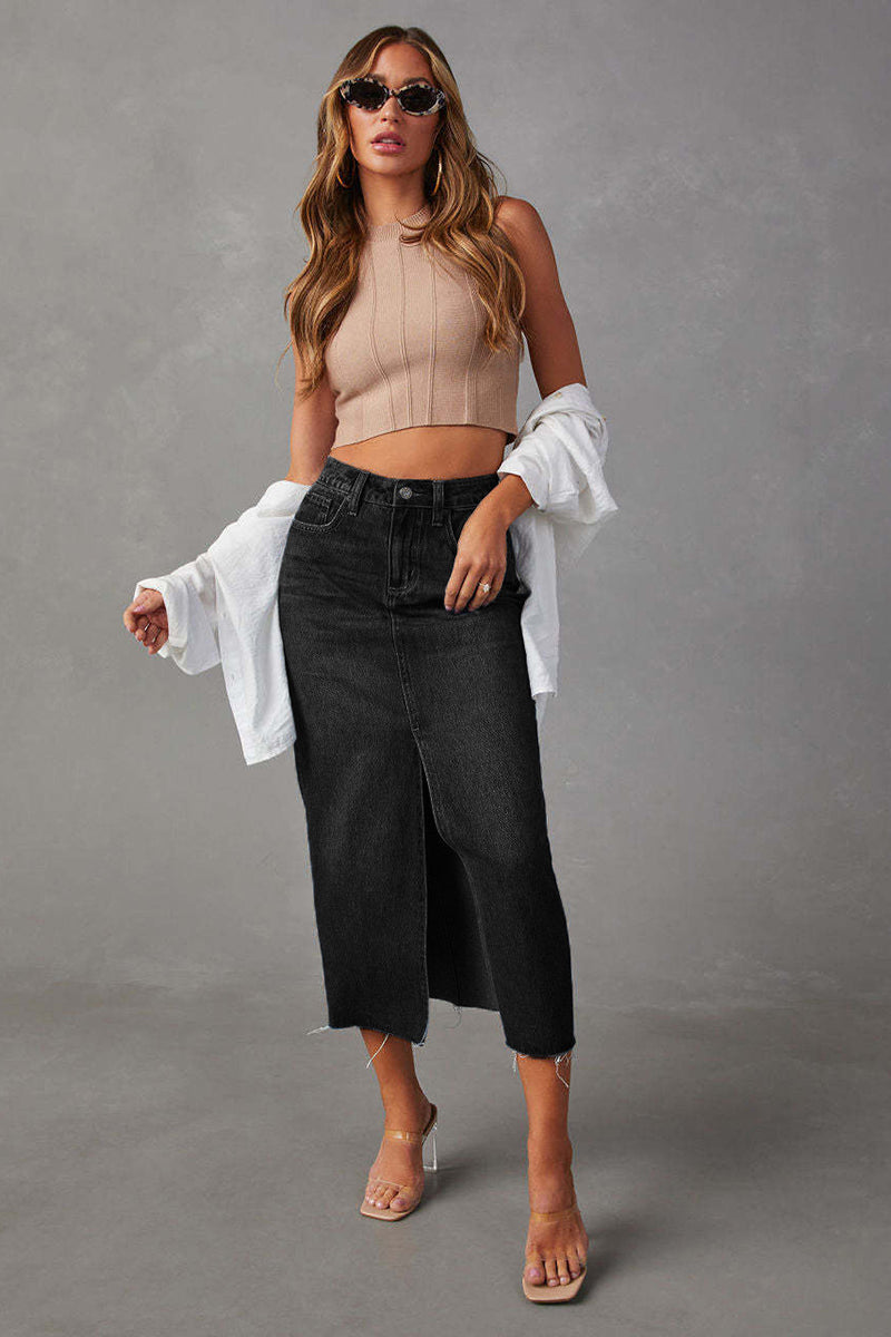 High-Rise Denim Midi Skirt