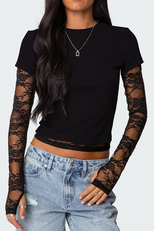 Layered Lace Sleeve Crop Top