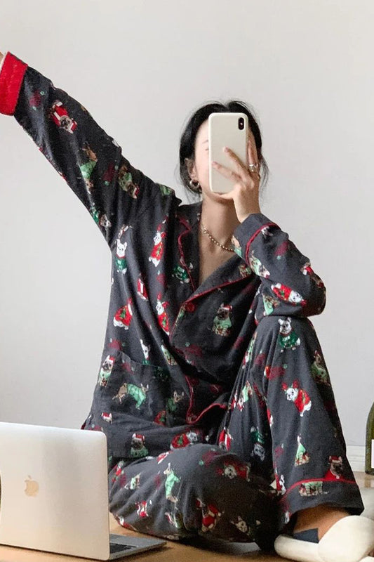 Festive Print Pajama Set with Button-Up Top