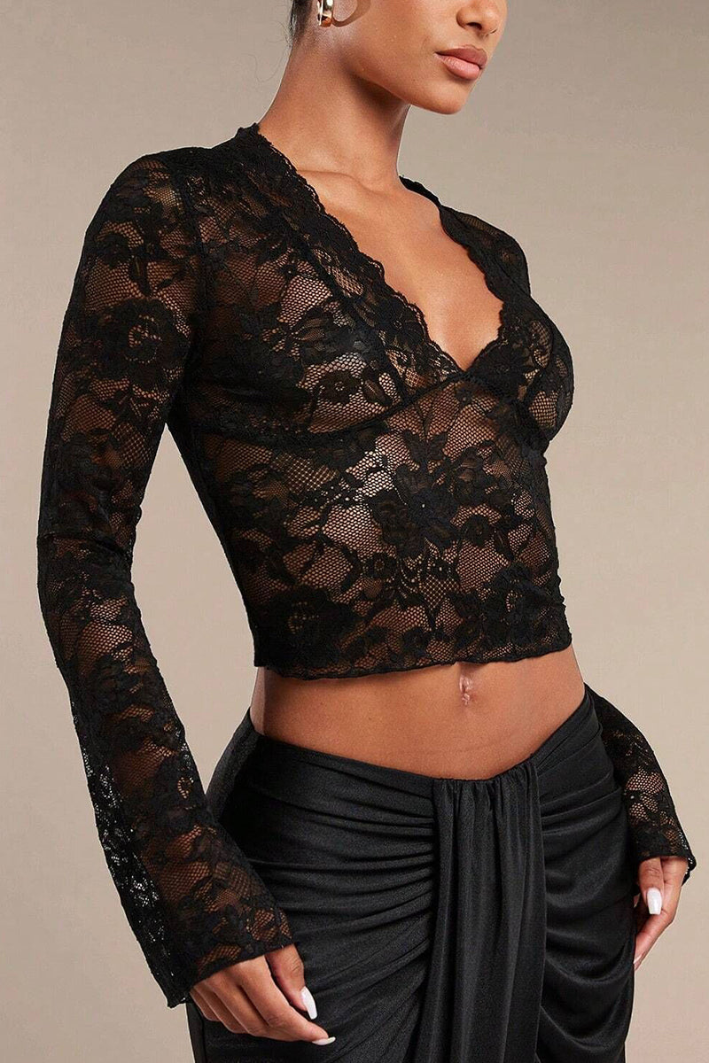 Sheer V-Neck Bell-Sleeve Lace Top