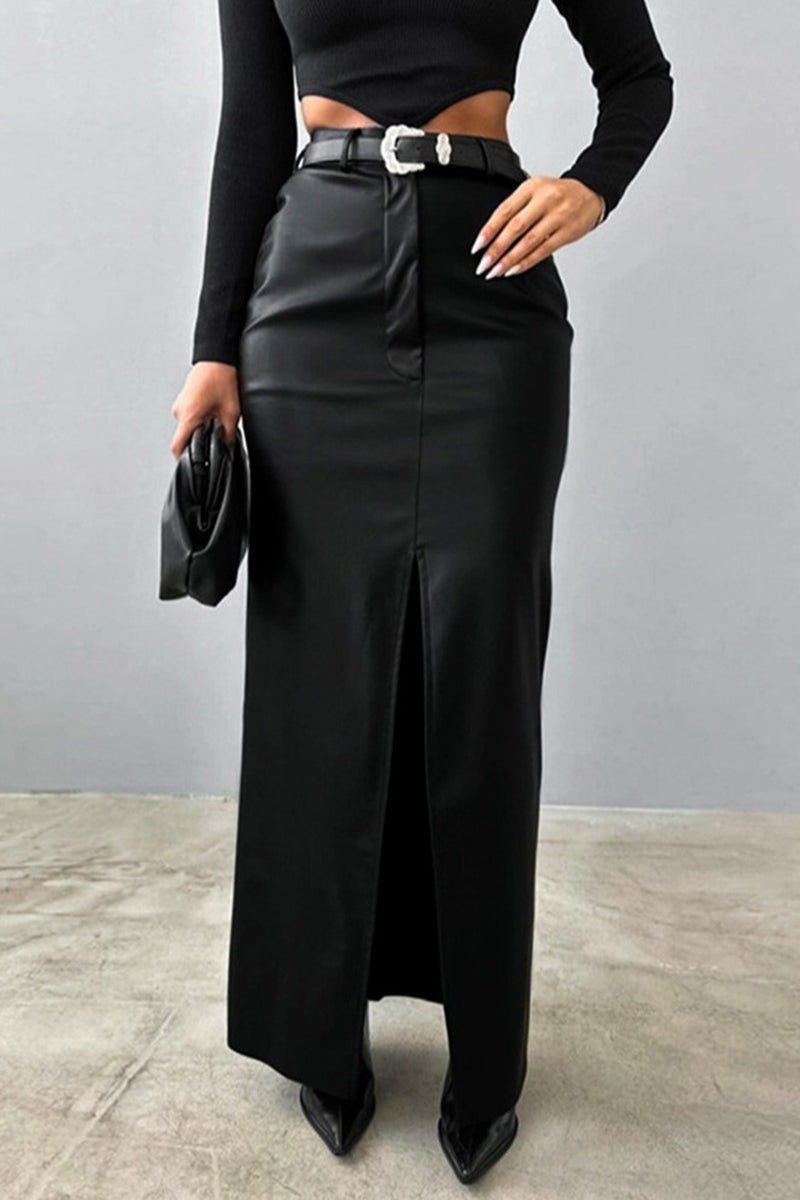 High-Slit Faux Leather Pencil Skirt