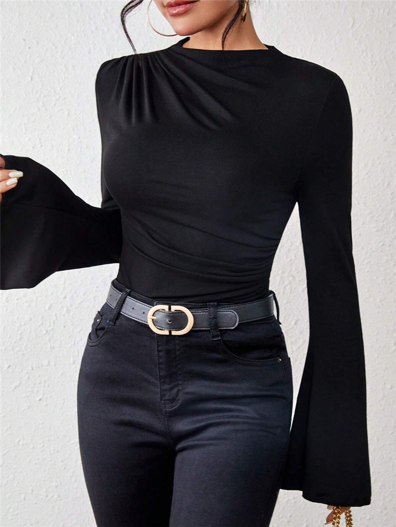 Ruched Long Sleeve Top with Flare Cuffs