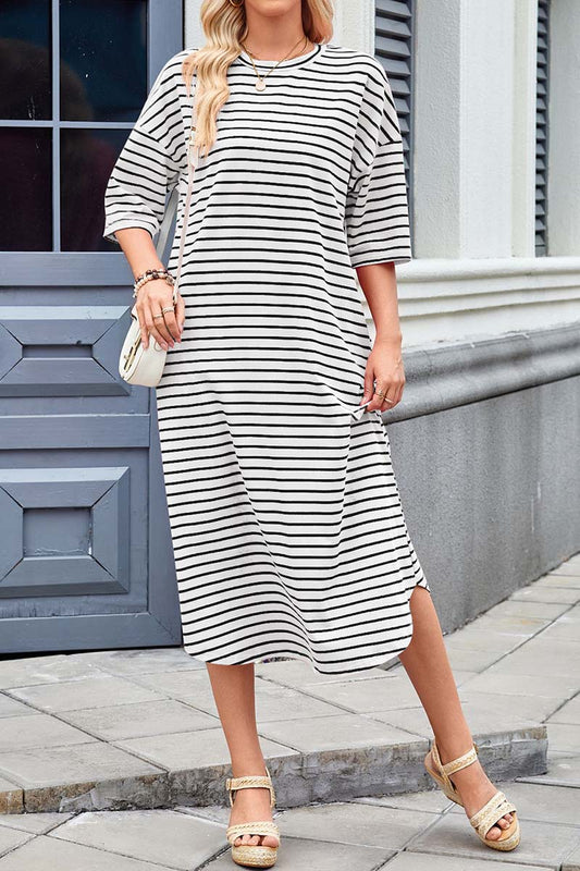 Striped Midi Dress with Side Pockets