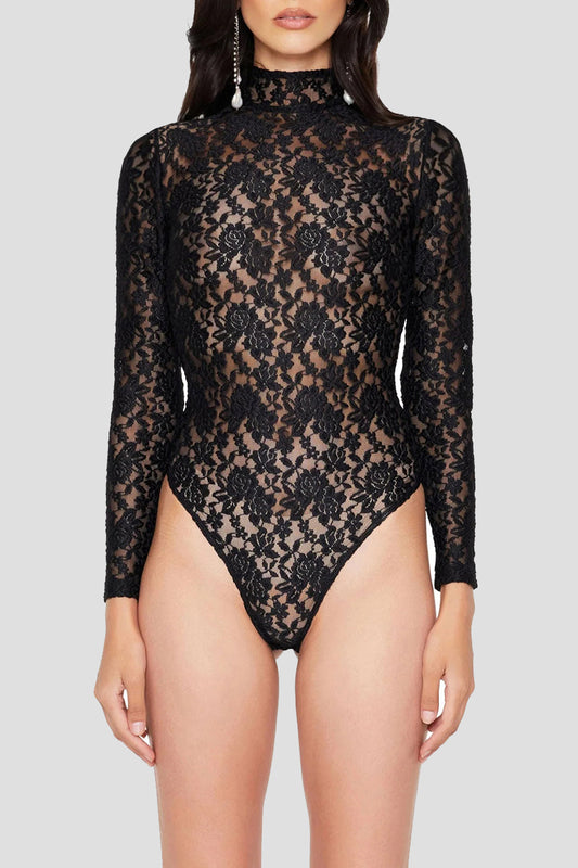 Sheer Lace Long-Sleeve Bodysuit