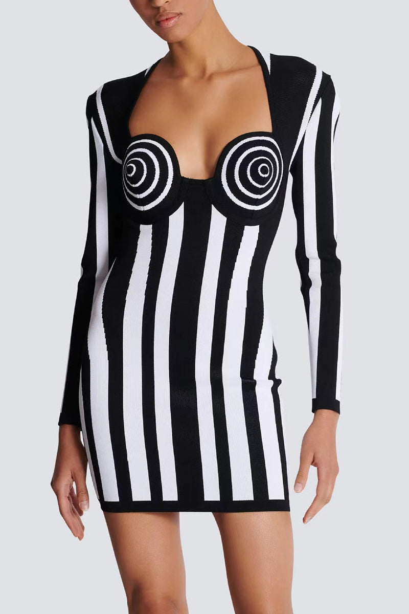 Colorblock Striped Long-Sleeve Mini Dress