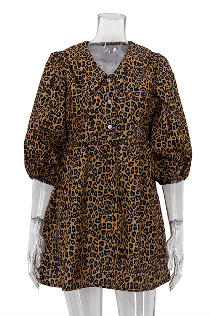 Puff Sleeve Leopard Print Belted Mini Dress