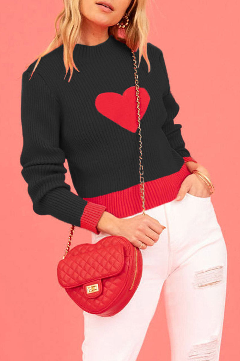 Heart Accent Ribbed Crewneck Sweater