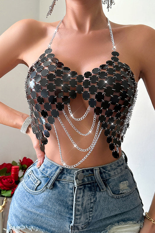 Chain Embellished Sequin Crop Top