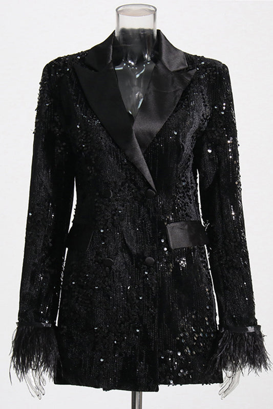 Sequined Blazer with Feather Cuffs