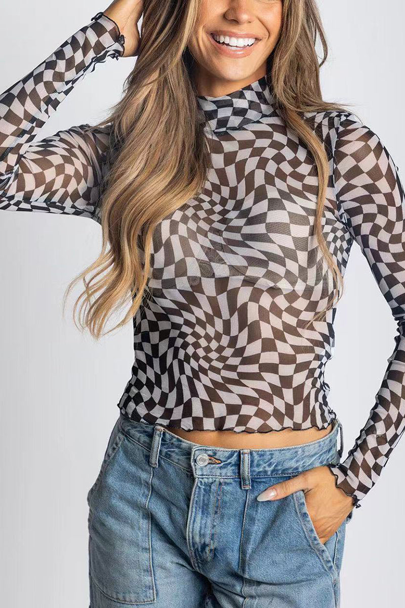 Geometric Print Mesh Long Sleeve Top