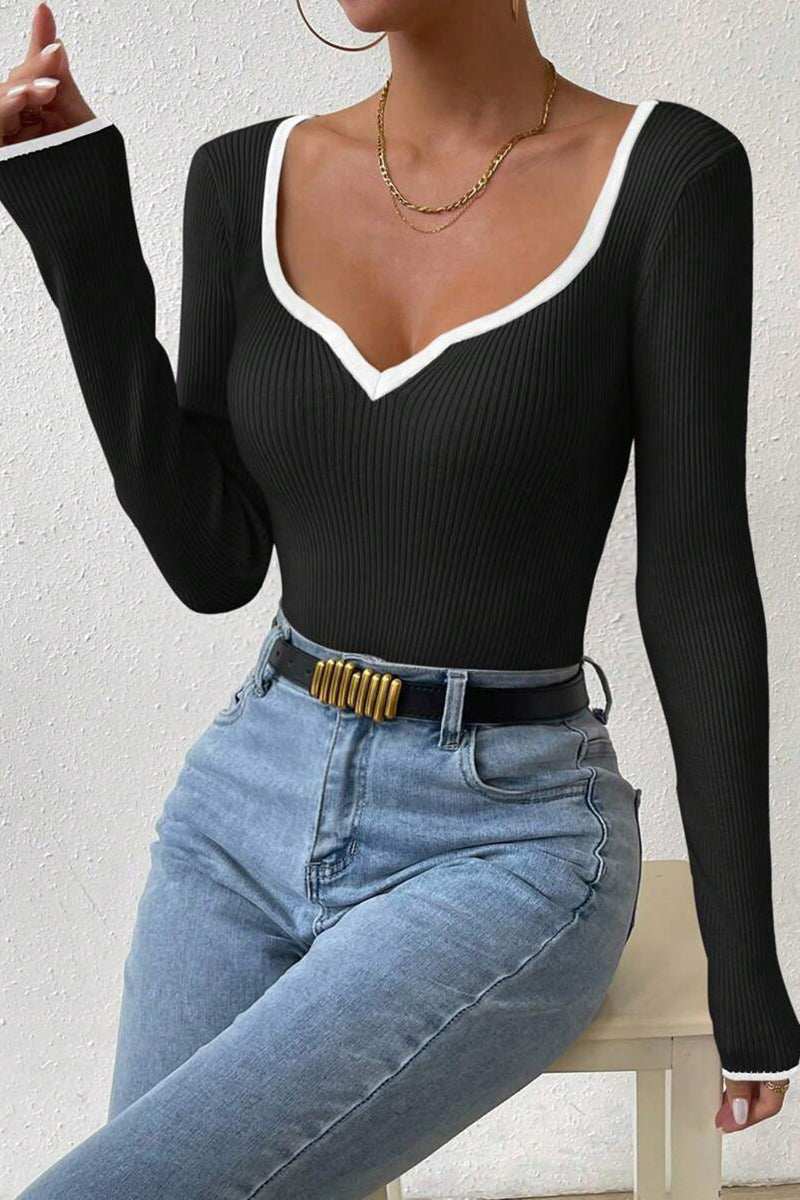 Ribbed V-Neck Long-Sleeve Top