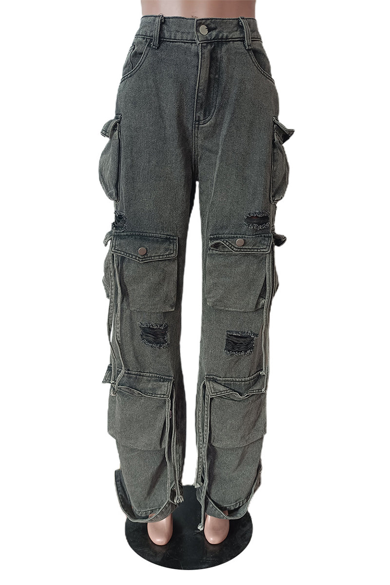 Multi-Pocket Ripped Cargo Pants