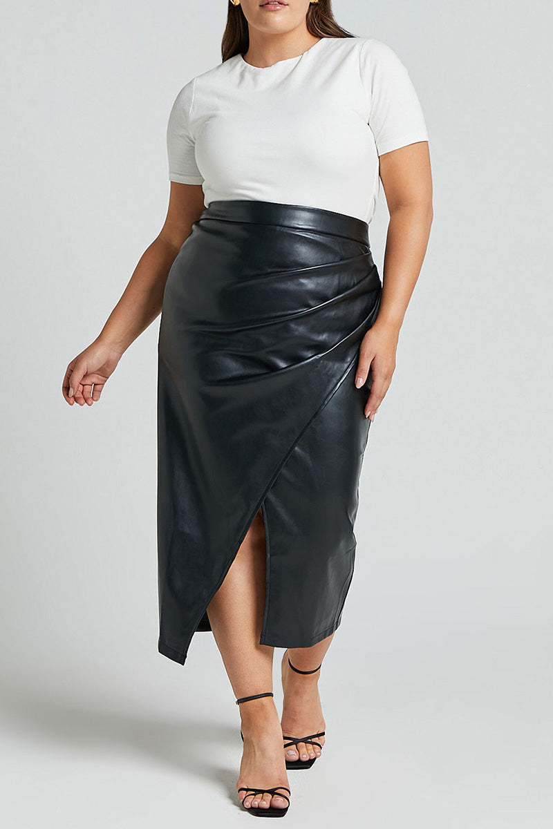 Faux Leather Ruched Pencil Skirt