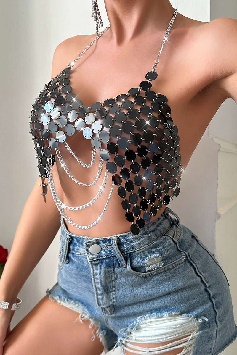 Chain Embellished Sequin Crop Top