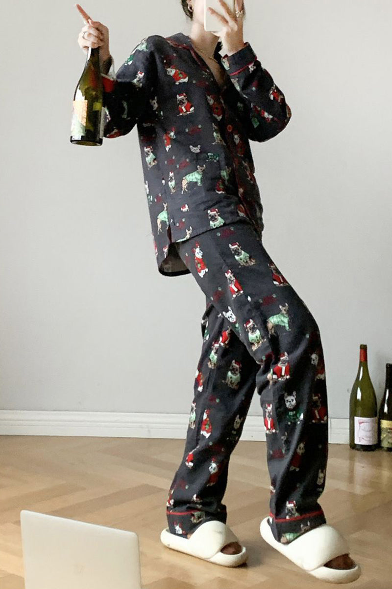 Festive Print Pajama Set with Button-Up Top