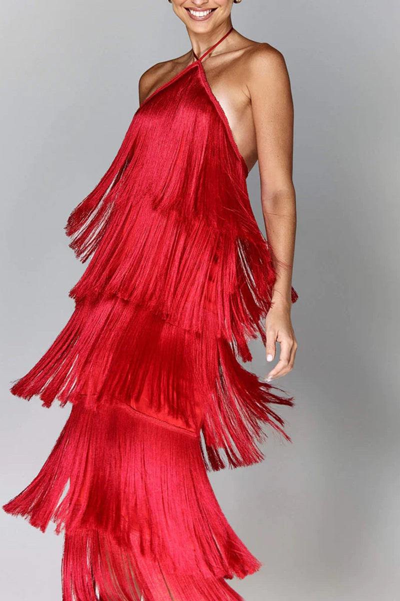 Tiered Fringe Halter Dress