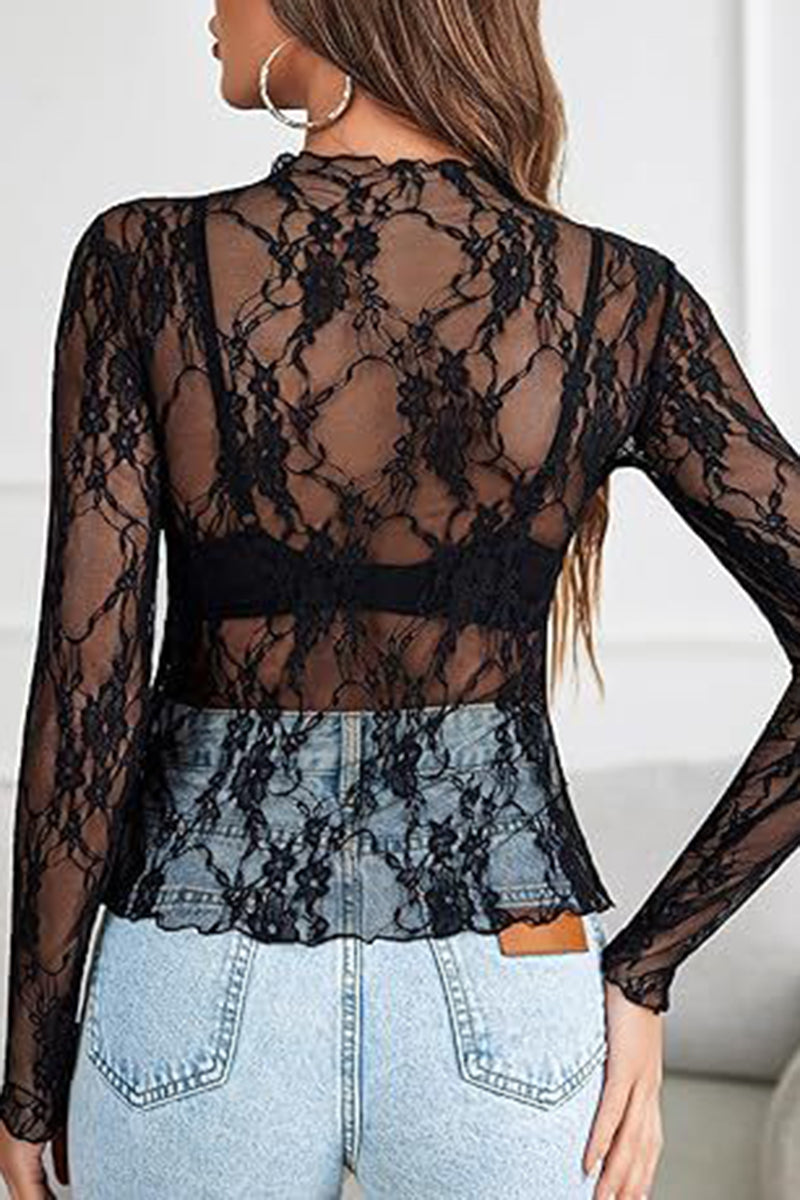 Floral Lace Peplum Hem Long-Sleeve Top