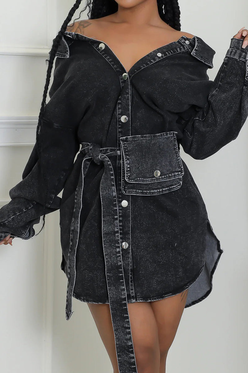 Belted Button-Down Denim Jacket