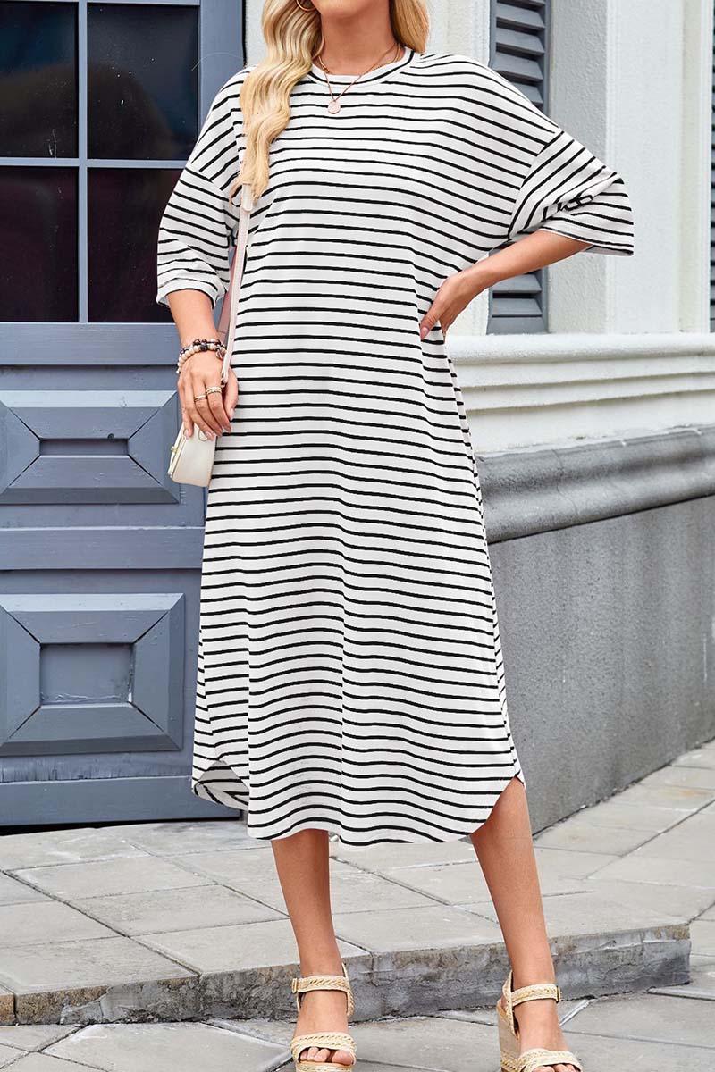 Striped Midi Dress with Side Pockets