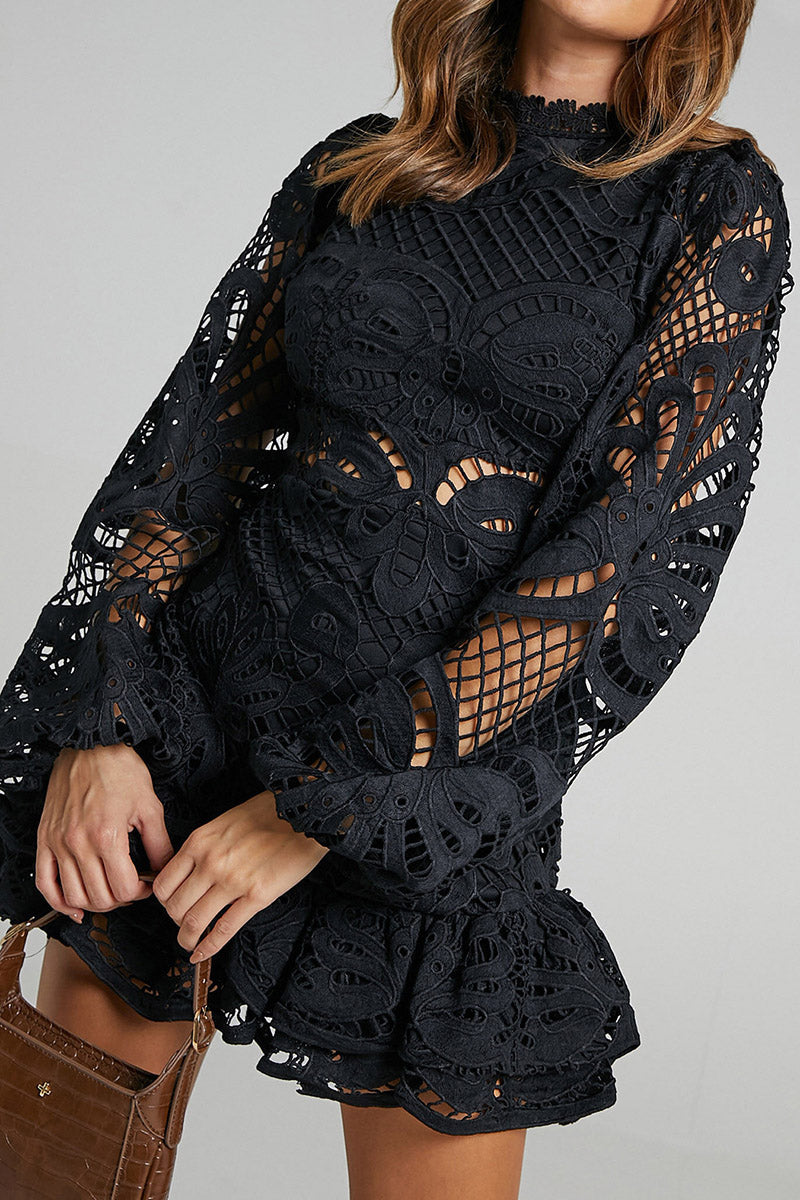 Cutout Floral Lace Ruffle Mini Dress