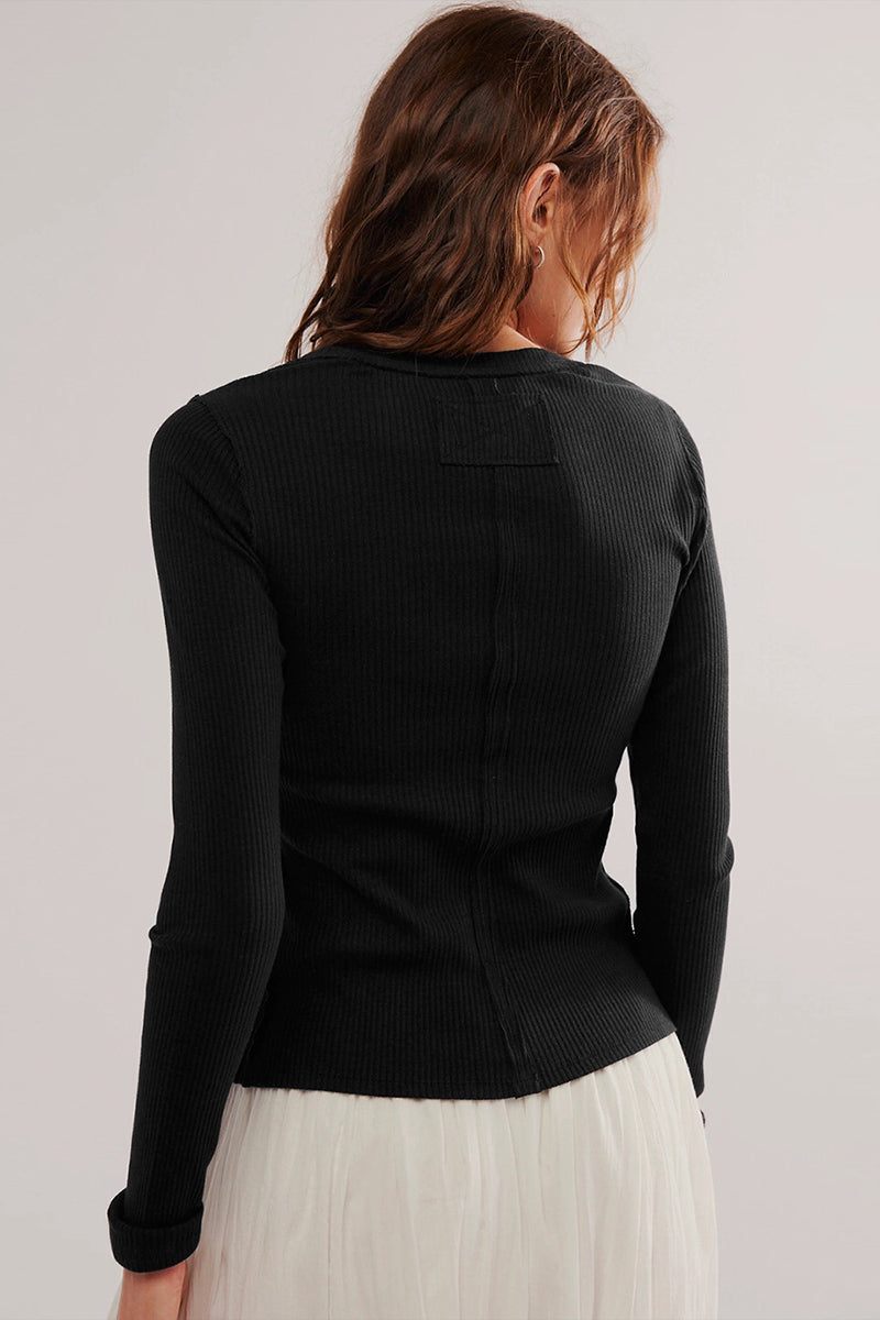 Ribbed Button-Up Long-Sleeve Top