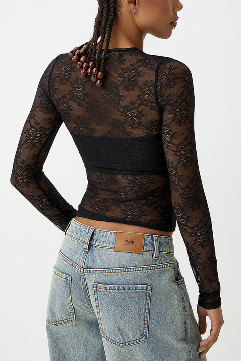 Fitted Lace Long Sleeve Crop Top