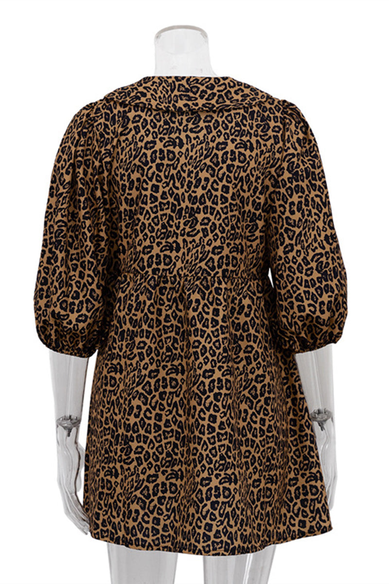 Puff Sleeve Leopard Print Belted Mini Dress