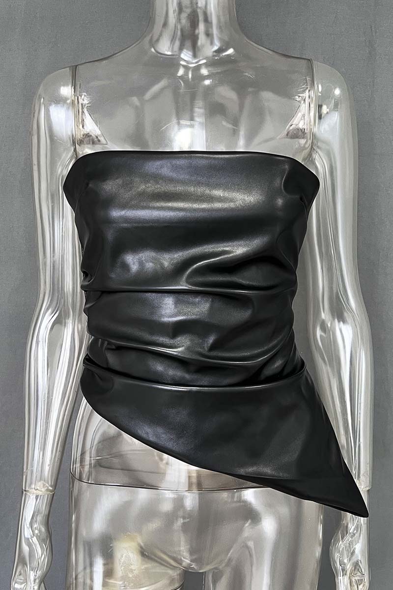 Asymmetrical Faux-Leather Strapless Top