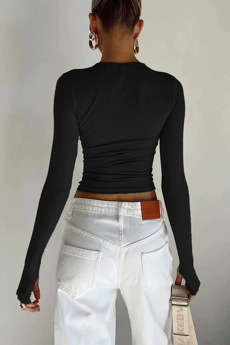 Long Sleeve Ruched Fitted Crop Top