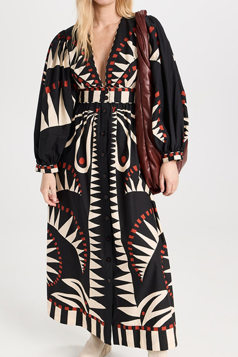 Geometric Pattern Dress with Balloon Sleeves