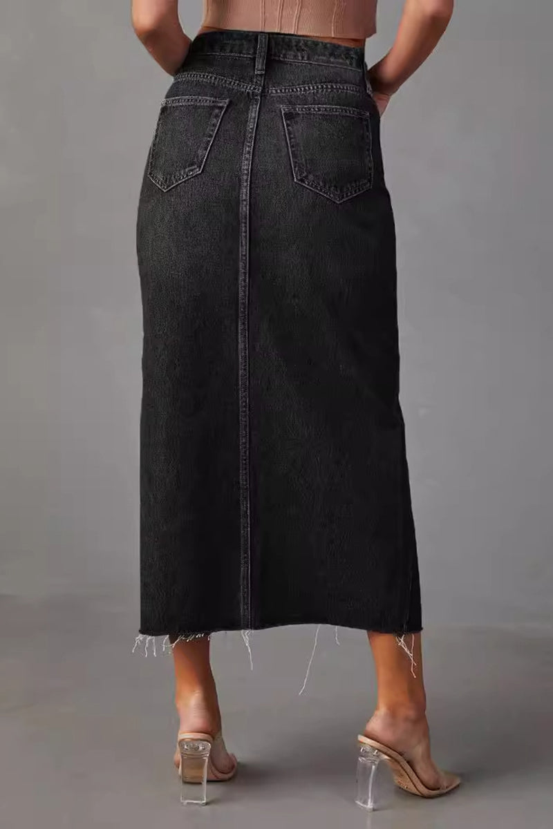 High-Rise Denim Midi Skirt