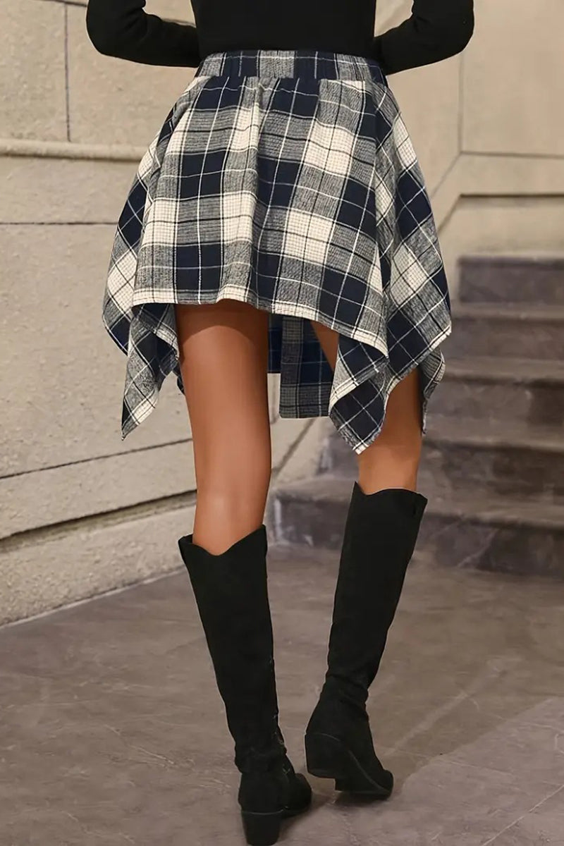 Asymmetric Plaid High-Low Skirt