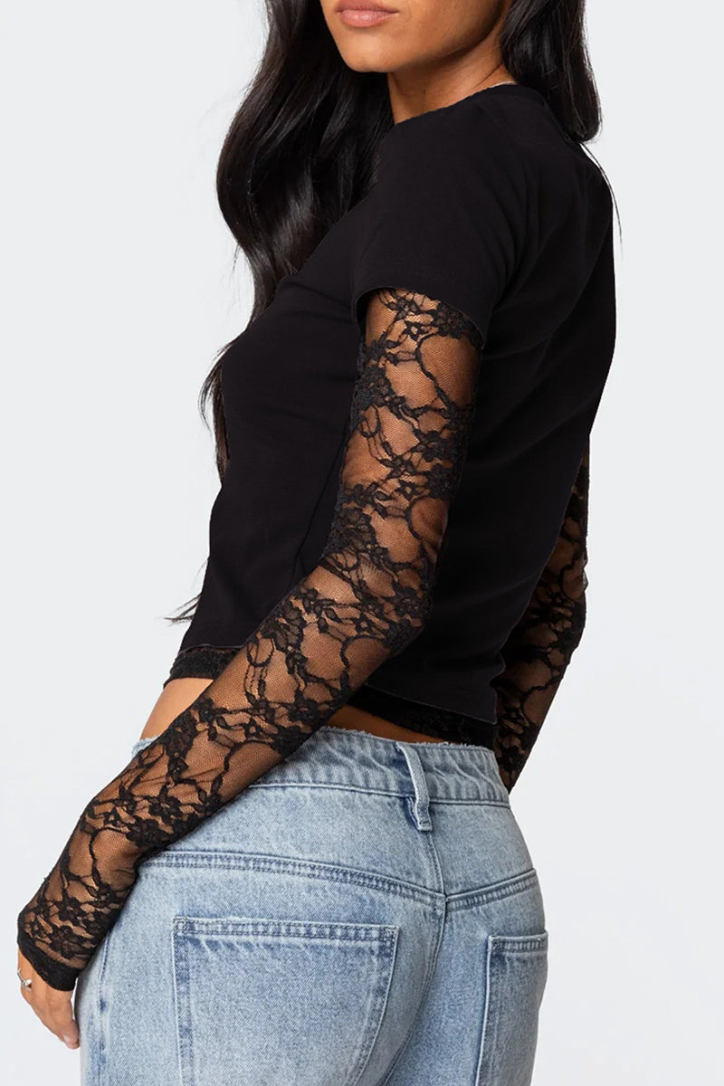 Layered Lace Sleeve Crop Top