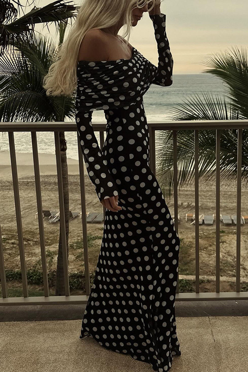 Off-Shoulder Polka Dot Maxi Dress