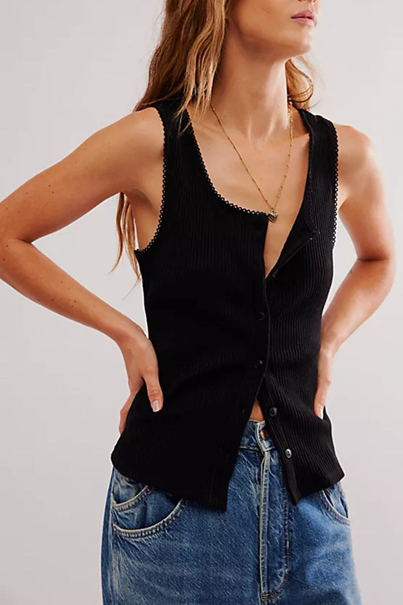 Ruffled Edge Button-Down Knit Tank Top