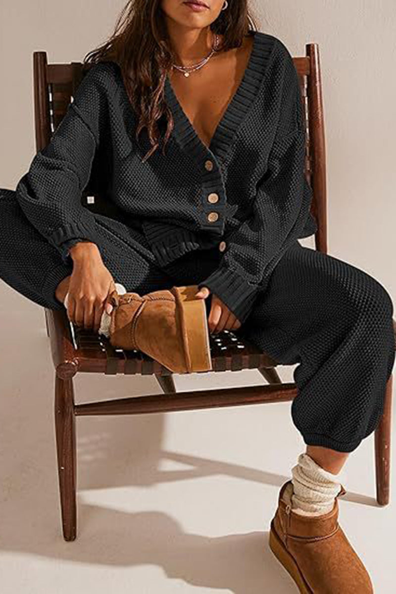 Button-Up Textured Knit Lounge Set