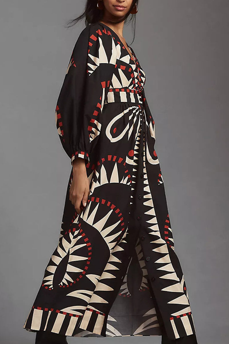 Geometric Pattern Dress with Balloon Sleeves