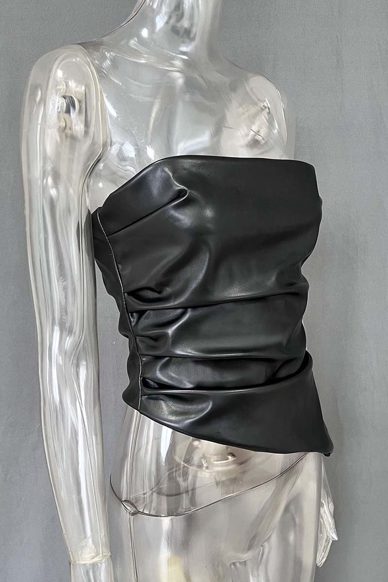 Asymmetrical Faux-Leather Strapless Top