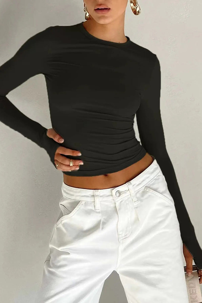 Long Sleeve Ruched Fitted Crop Top