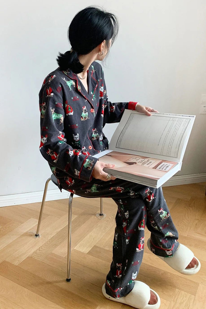 Festive Print Pajama Set with Button-Up Top