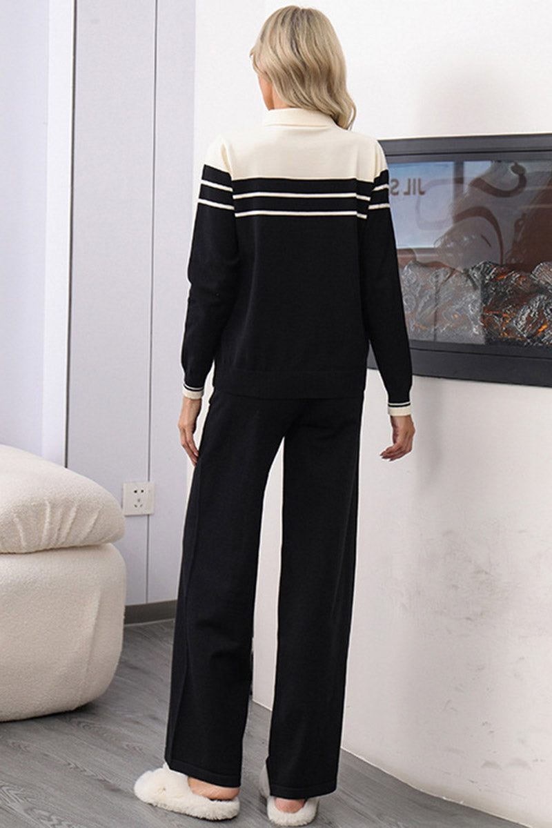 Striped Collar Top and Wide-Leg Pants Set