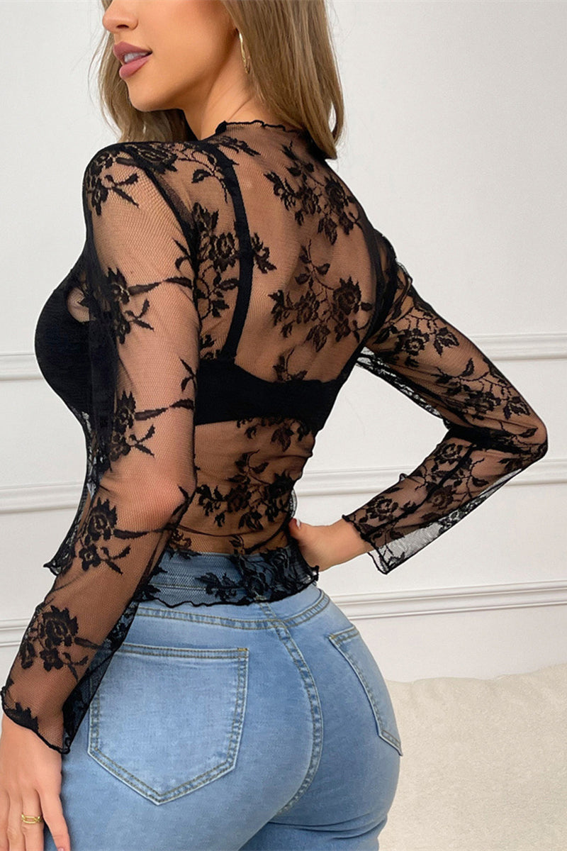 Sheer Lace Mesh Long-Sleeve Top