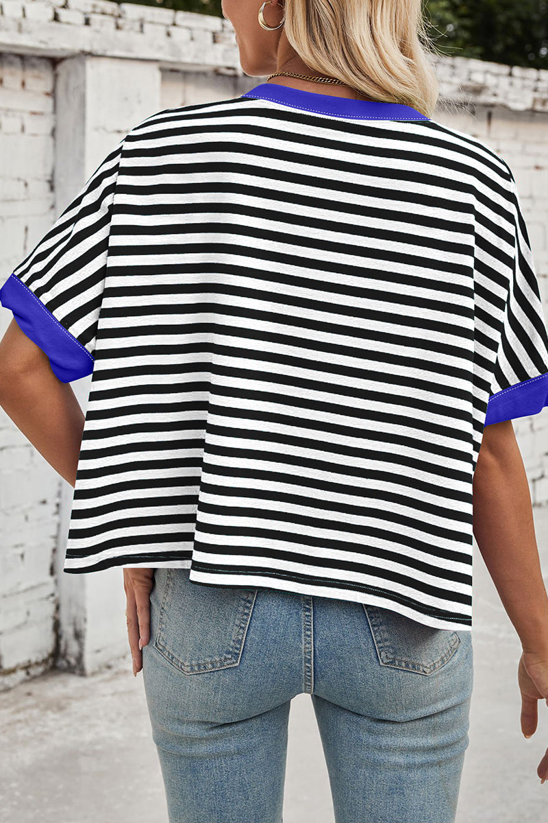 Striped Batwing Sleeve Contrast Trim Top