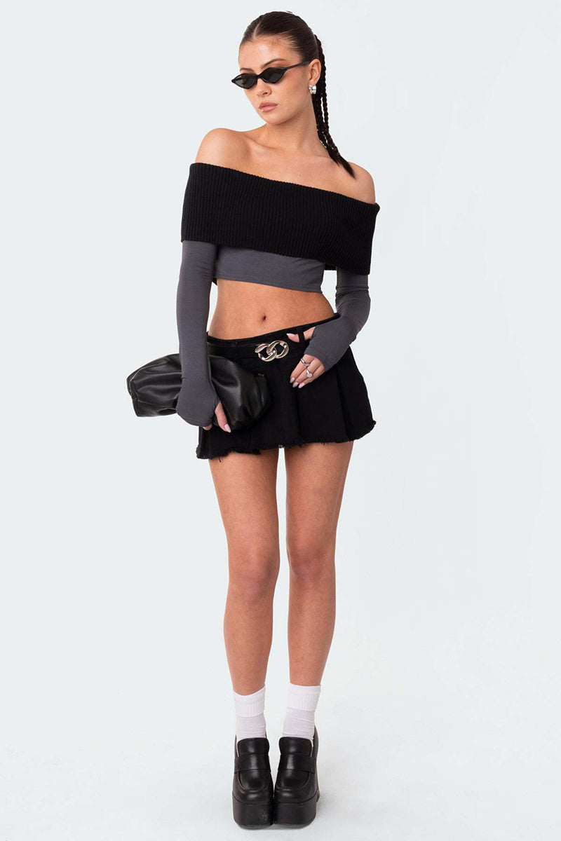 Frayed Pleated Mini Skirt