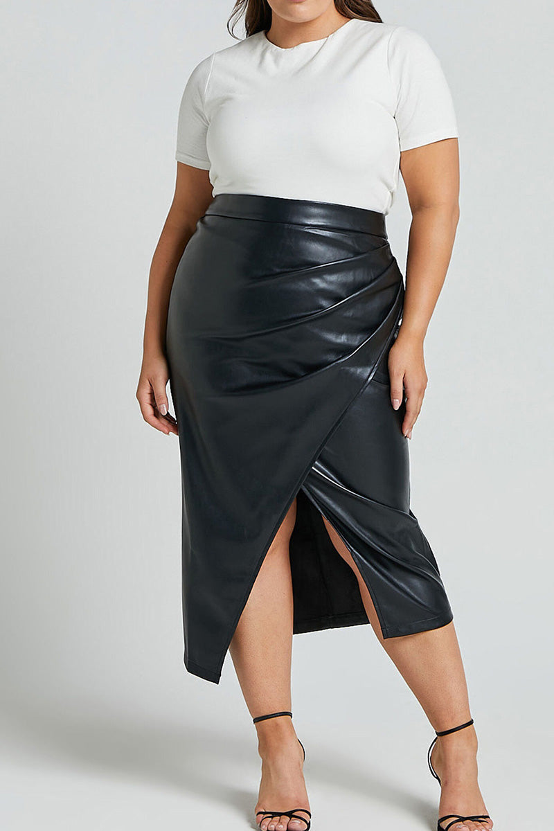 Faux Leather Ruched Pencil Skirt