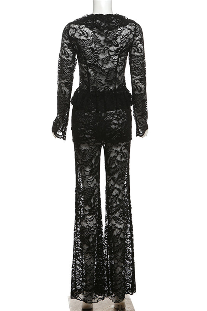 Sheer Lace Top and Flared Pants Set