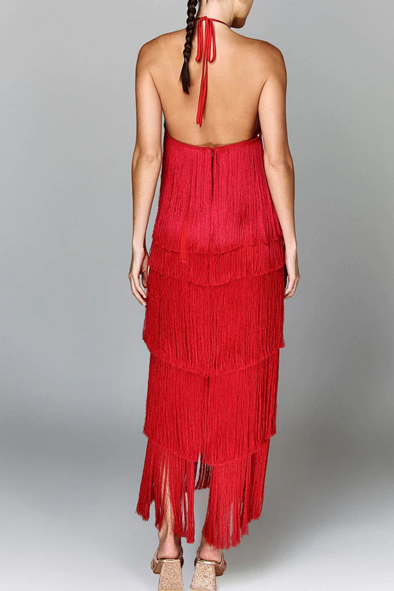 Tiered Fringe Halter Dress